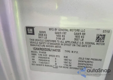 2011 Chevrolet Traverse 1Lt z USA, uszkodzony, nr VIN 1GNKRGED2BJ144706